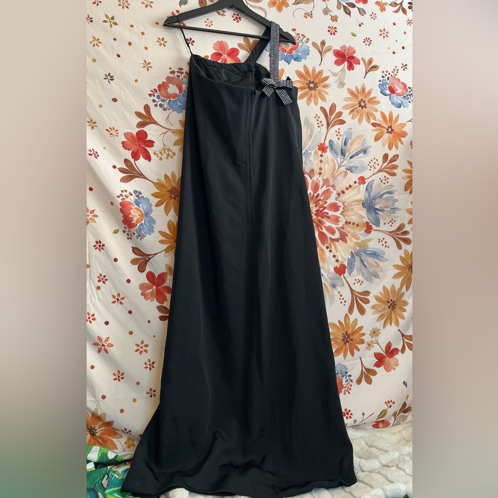 Vintage 60s Erlebacher Womens S Black Rhinestone Strap Bow Front Slit Wrap Gown